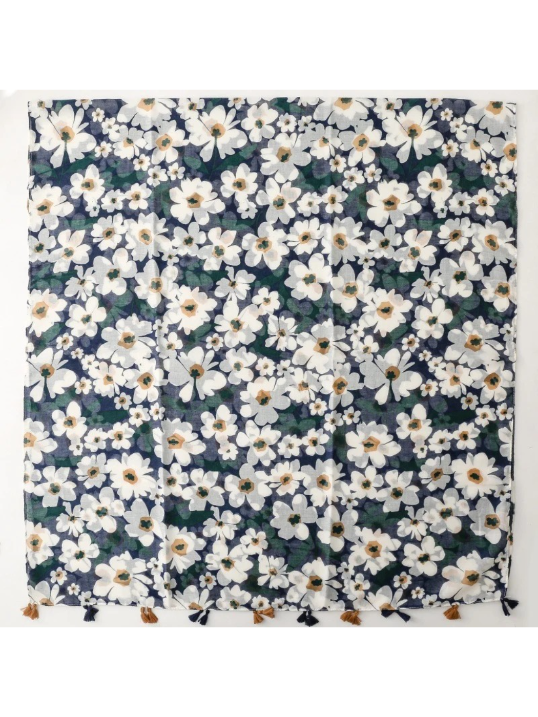 Scarvii - Navy Daisy Tassel Wrap Scarf