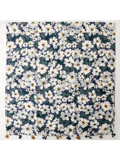 Scarvii - Navy Daisy Tassel Wrap Scarf