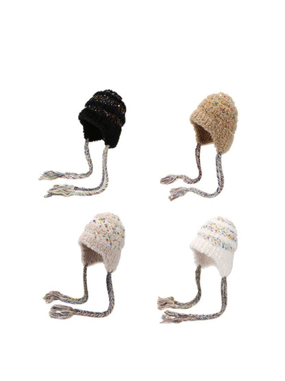 Haila – Plush Knitted Beanie with Colorful Dots & Earflap & Ties
