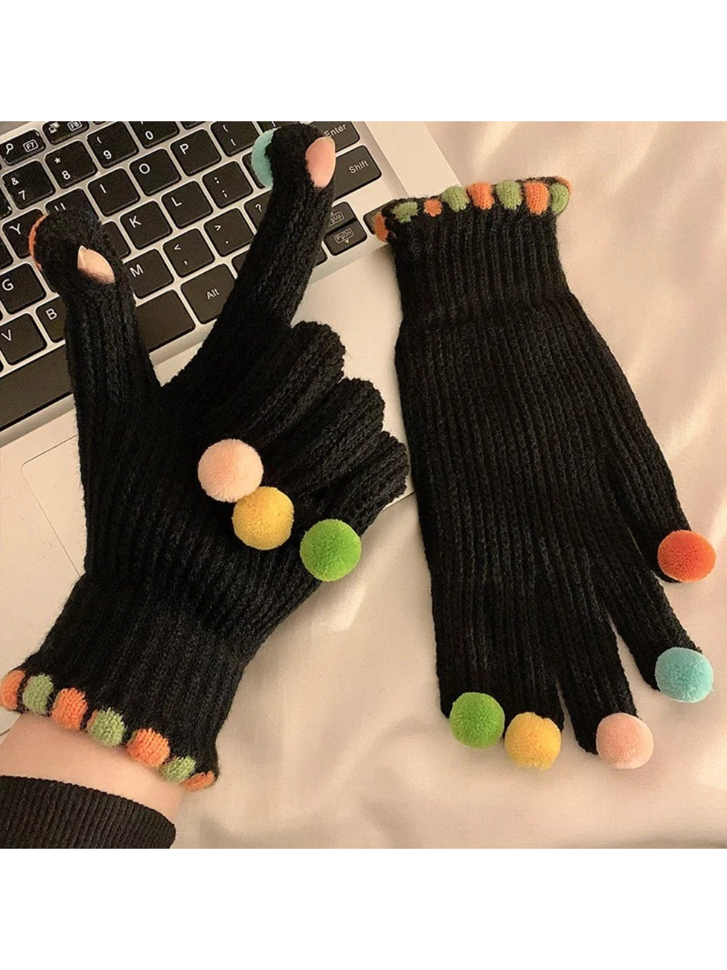 Gloving - Multicolor Pom-Pom Ribbed Gloves