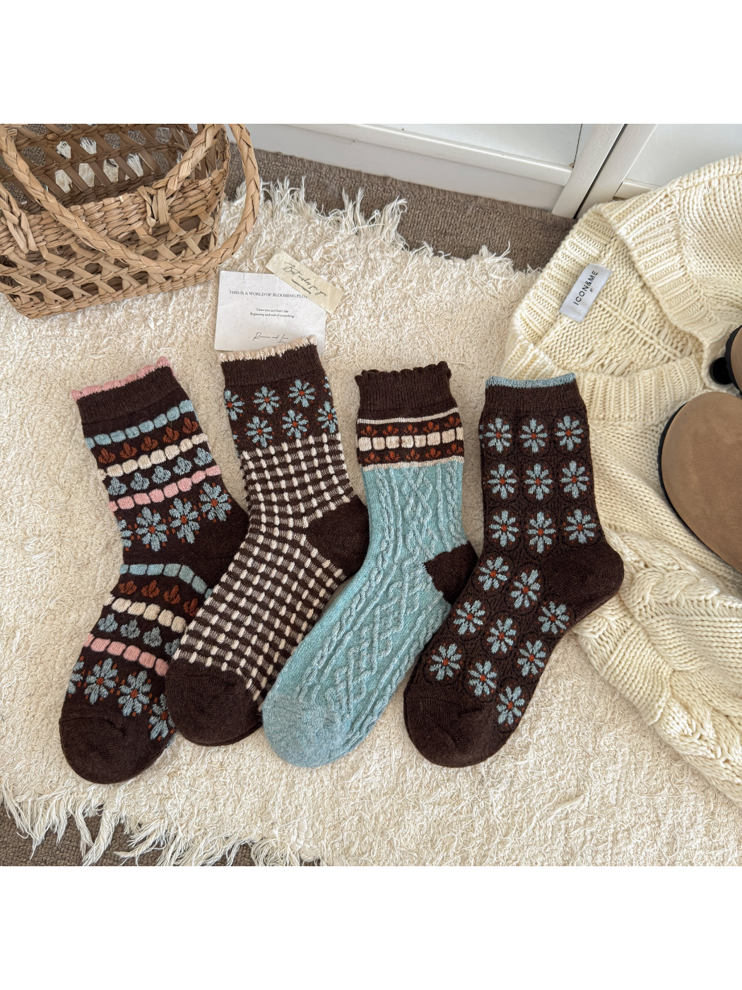 Rufia - Vintage Floral Knit Crew Socks