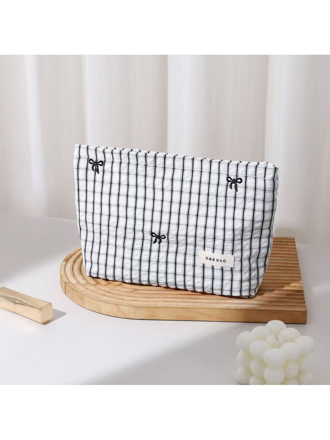 Cosbai - Checked Bow Embroidered Makeup Bag Pouch
