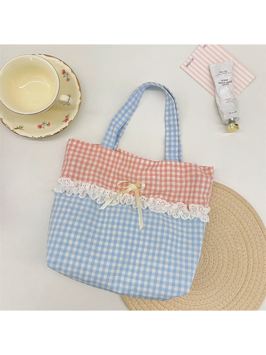 Cosbai - Lace Trim Gingham Tote Bag
