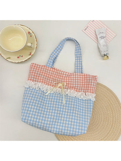 Cosbai - Lace Trim Gingham Tote Bag