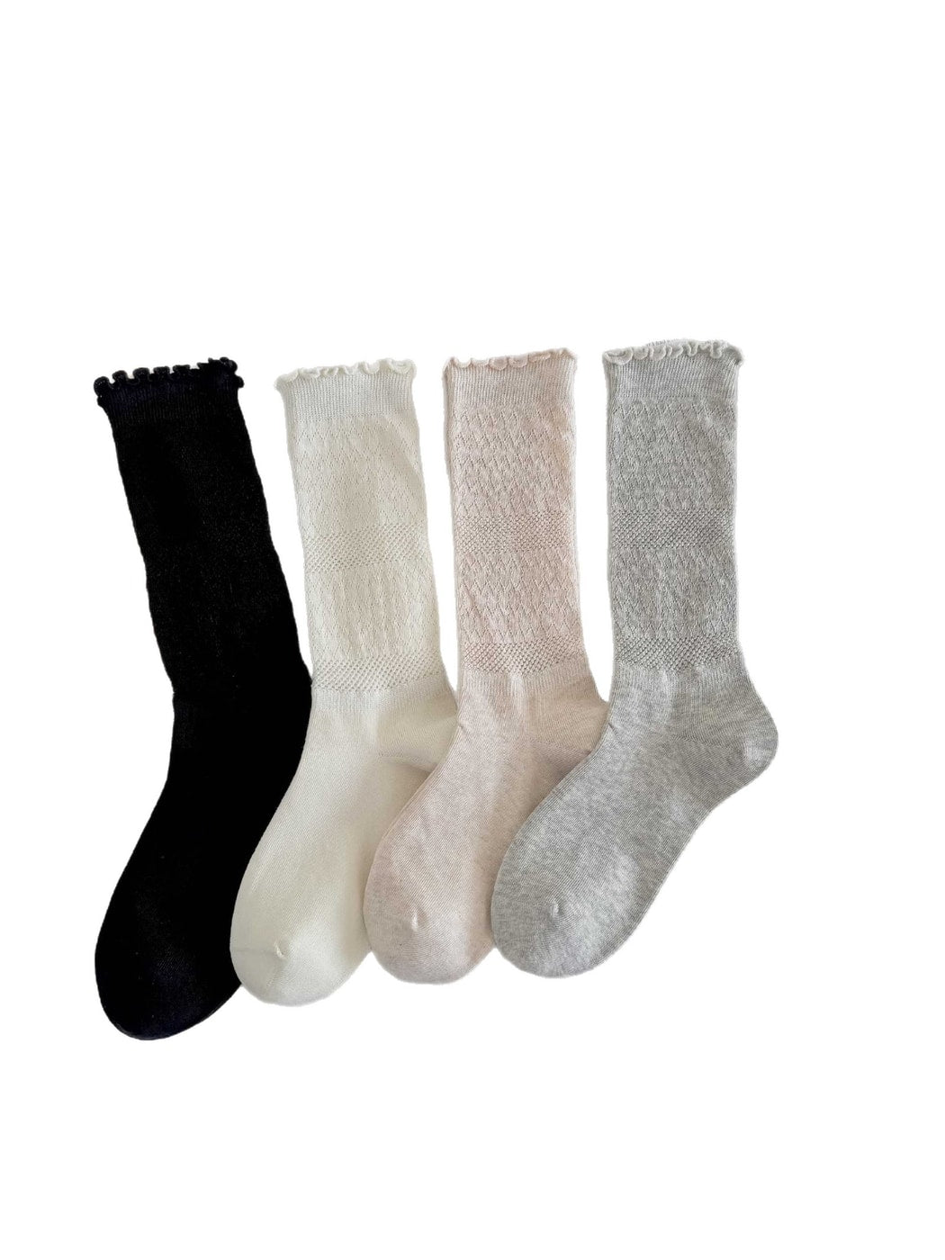 Rufia - Solid Color Ruffle Cuff Openwork Crew Socks