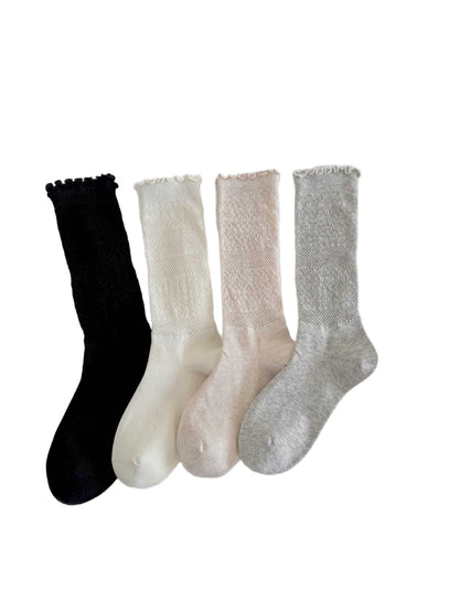 Rufia - Solid Color Ruffle Cuff Openwork Crew Socks