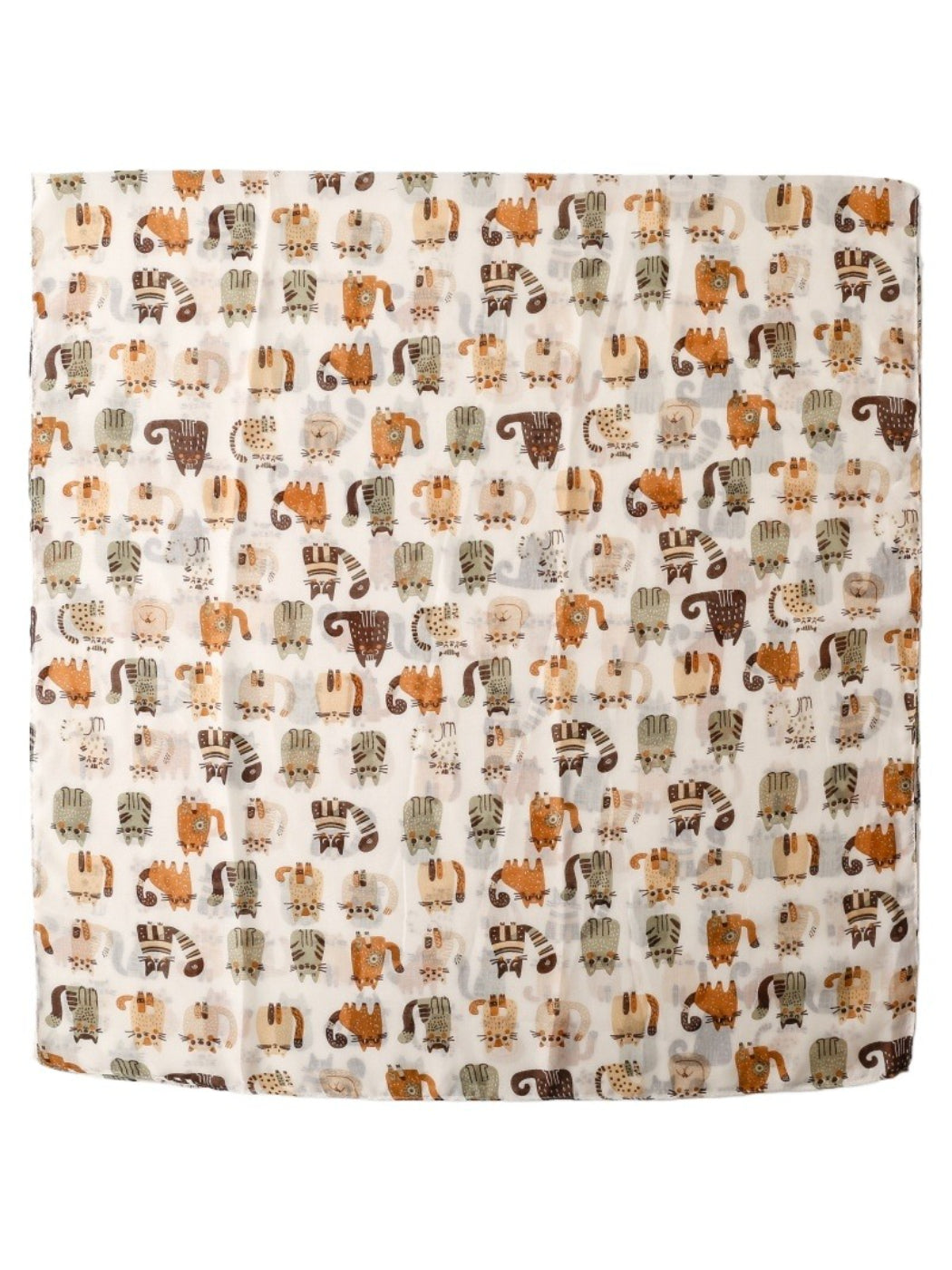 Close-up of whimsical cat faces printed on lightweight scarf fabric