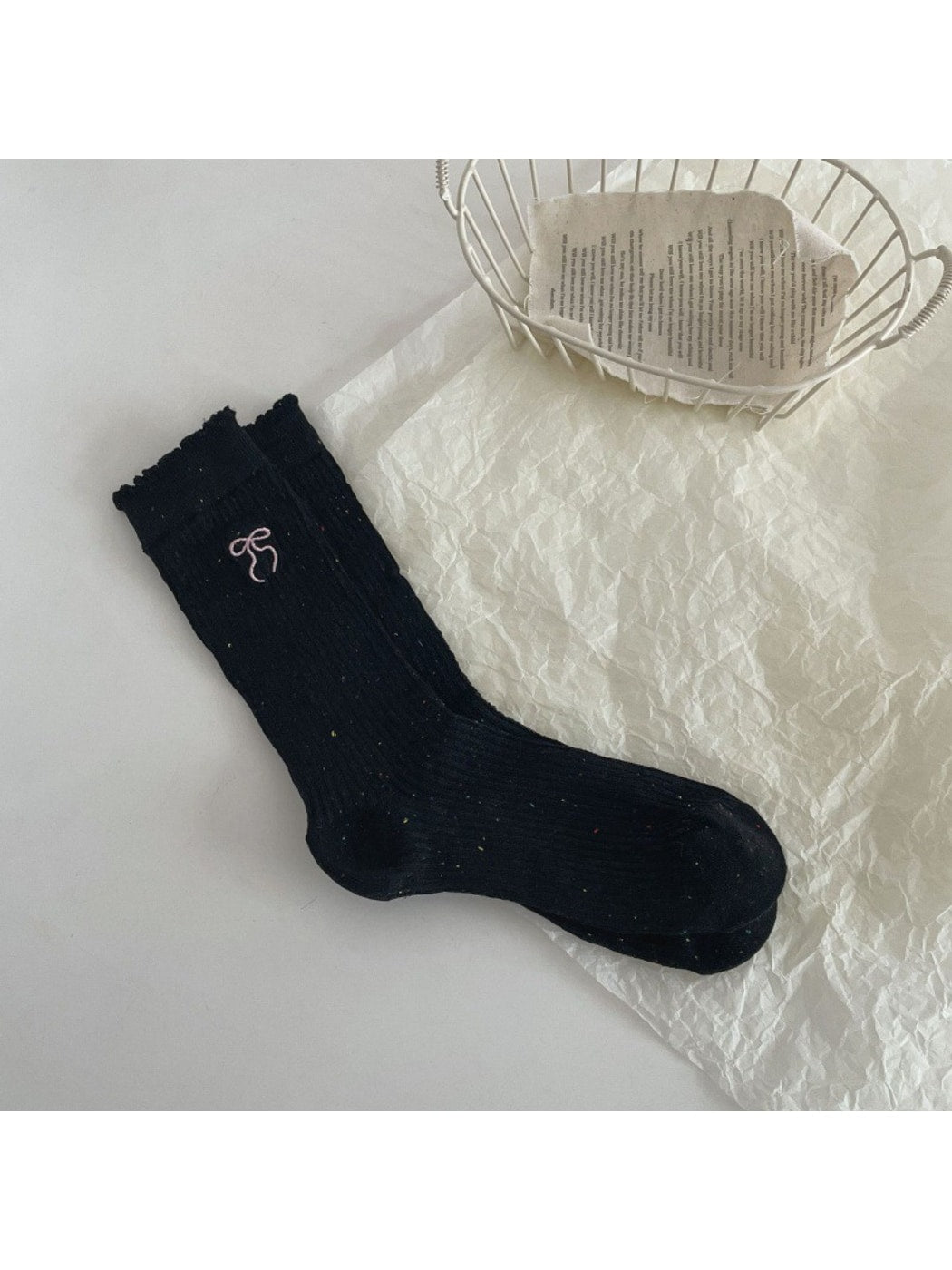 Rufia - Bow Embroidered Ruffle Cuff Heathered Crew Socks