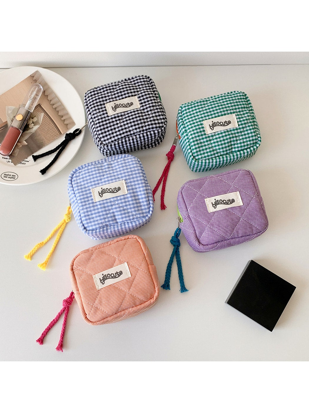 Cosbai - Square Plaid Everyday Storage Zipper Pouch Bag