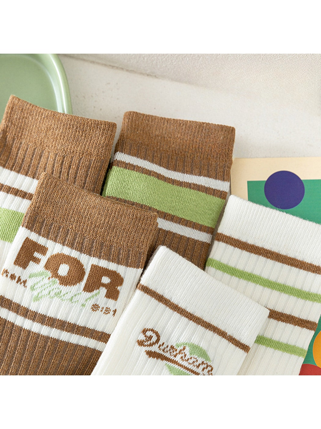 Rufia - Retro Brown Green Striped Crew Socks