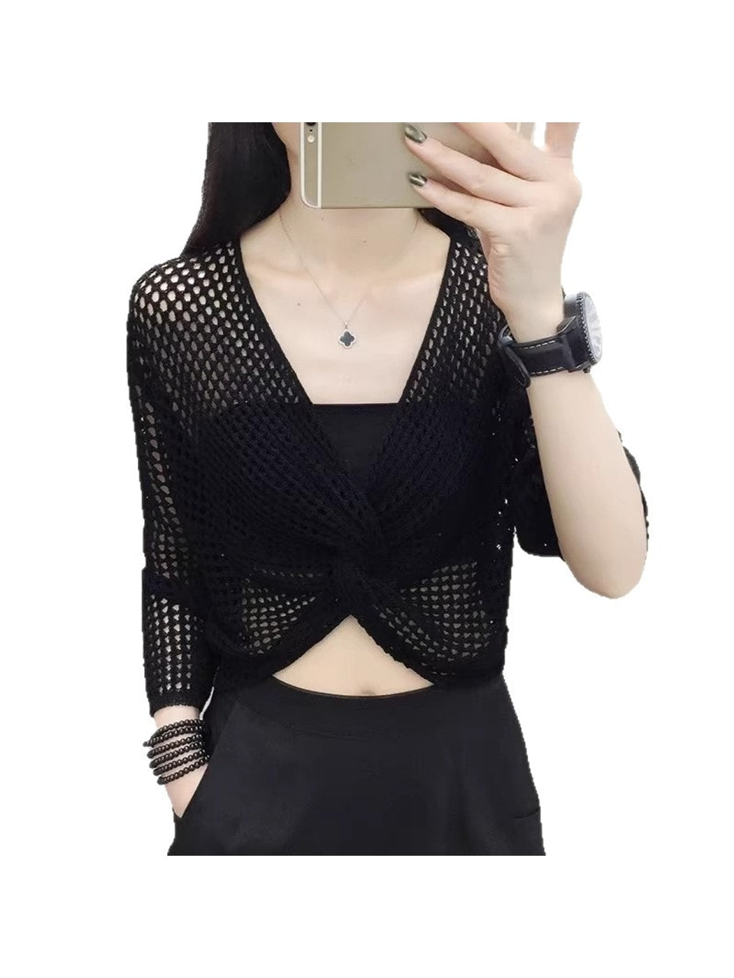 Crosa - V Neck Openwork Long Sleeve Cover Up