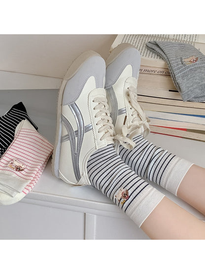 Rufia - Striped Puppy Embroidery Crew Socks