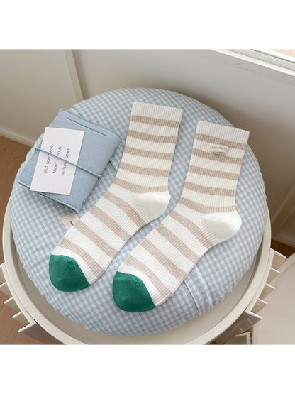 Rufia - Simple Style Striped Ribbed Crew Socks