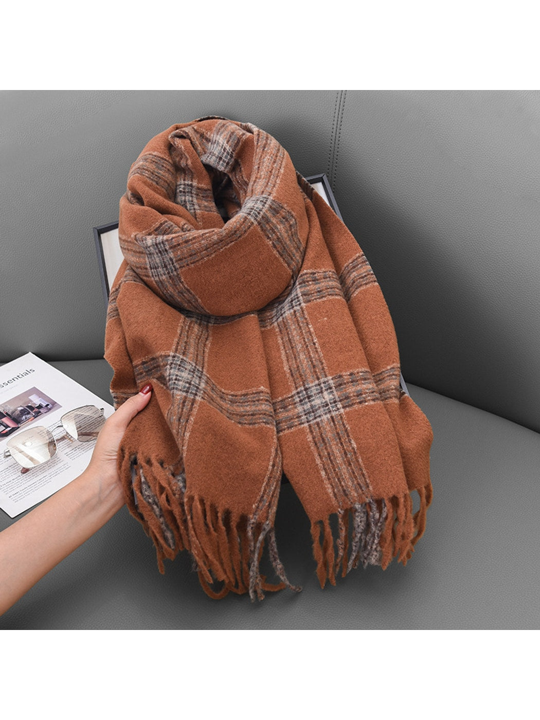 Scarvii - Double-Sided Bold Grid Plaid Fringed Scarf