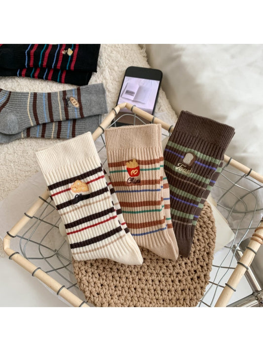 Rufia - Fun Embroidered Stripe Mid-Calf Winter Socks