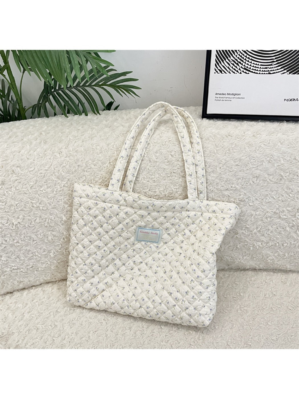 Cosbai - Floral Quilted Tote Bag with Cartoon Pattern