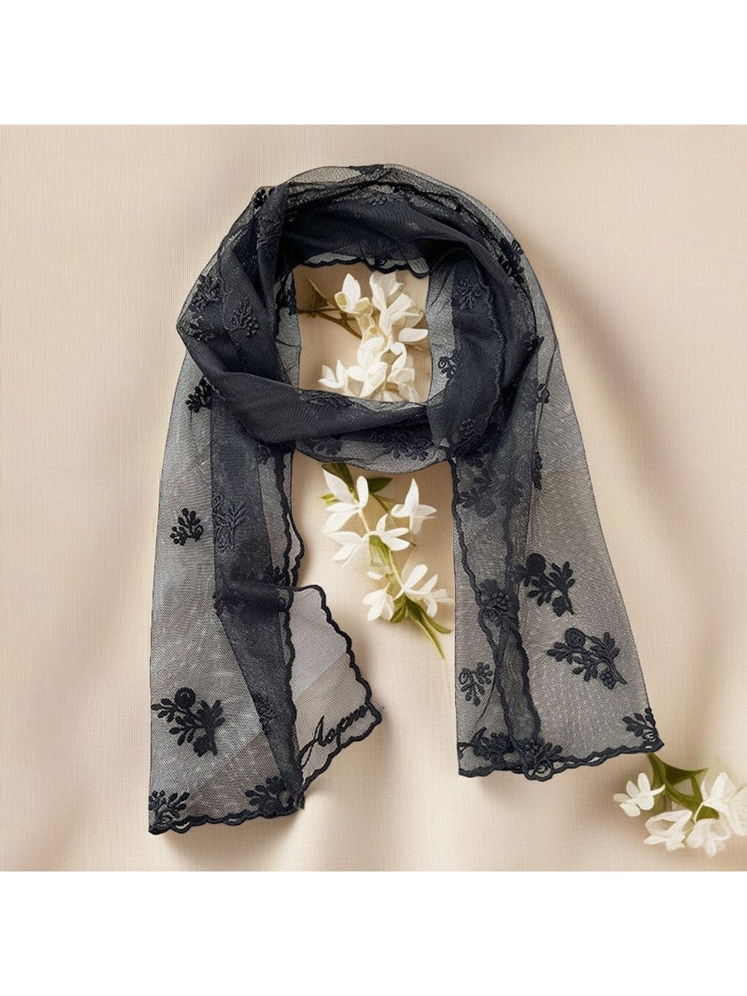 Scarvii - Elegant Floral Embroidered Long Lace Scarf