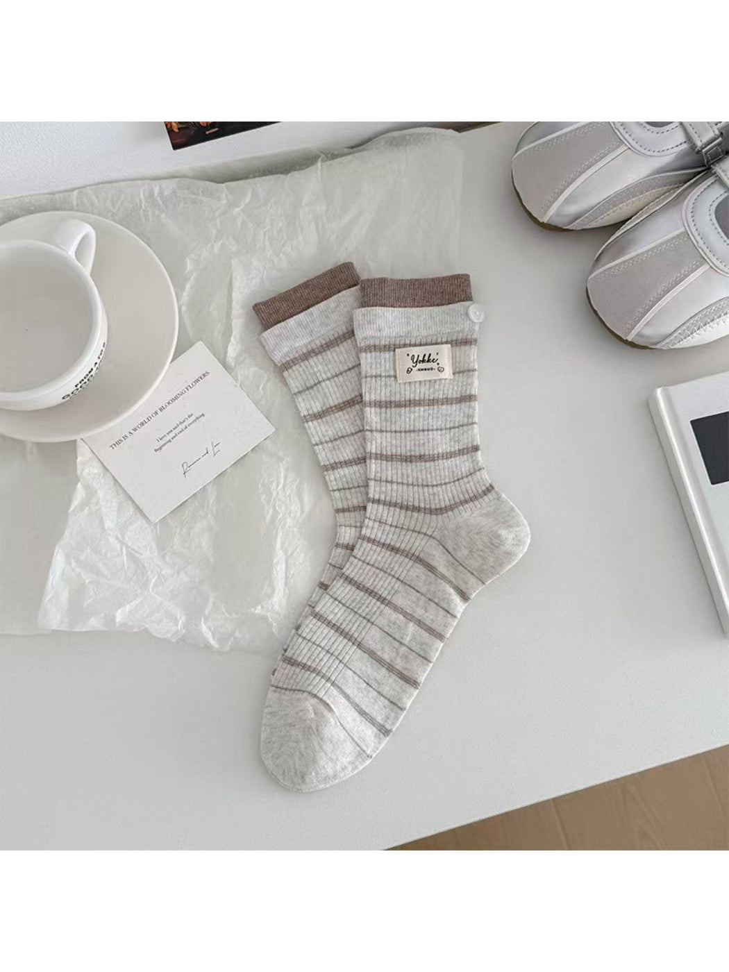 Rufia - Fine Stripe Button Detail Crew Socks product image 5