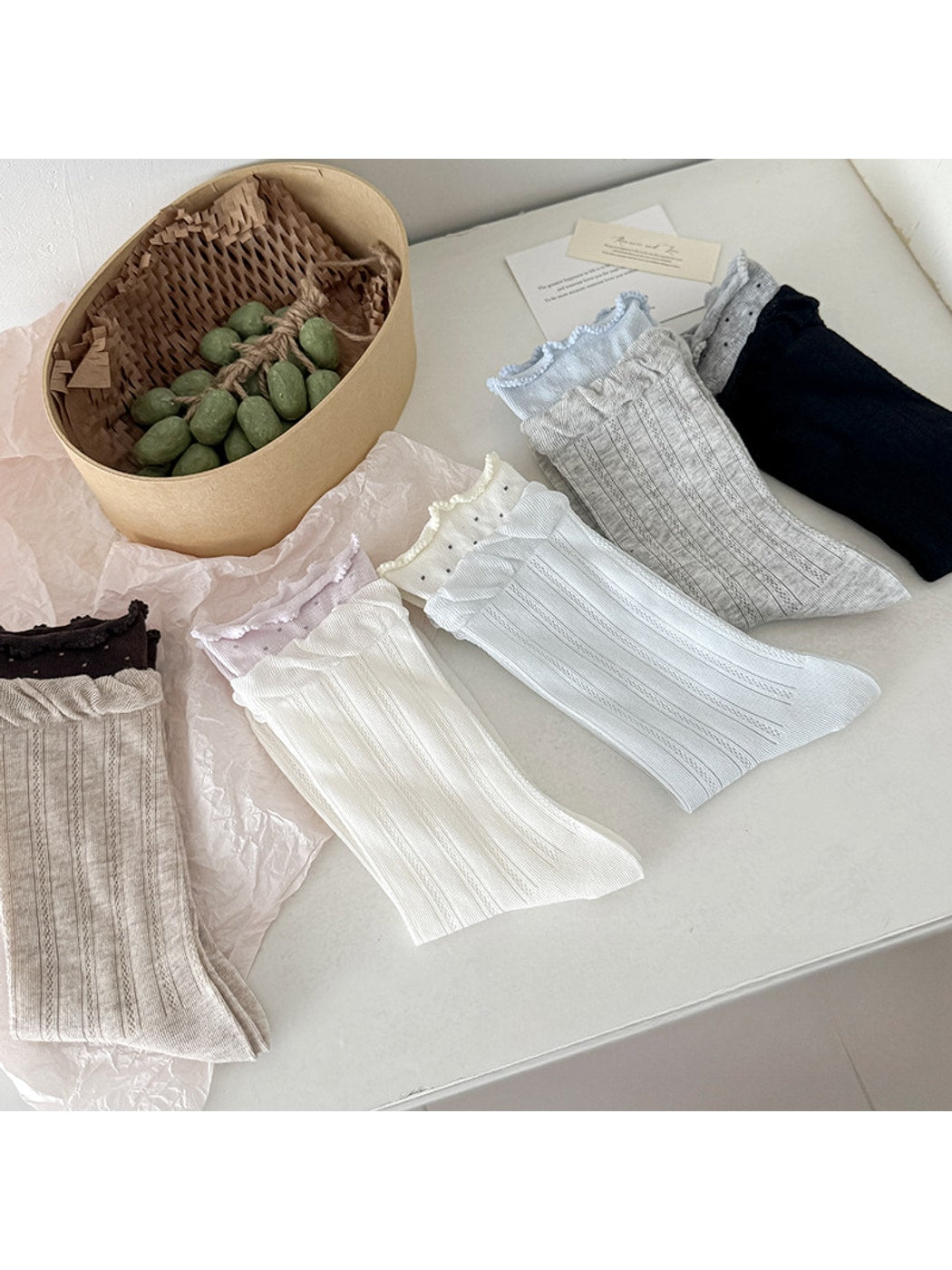 Rufia - Muted Ribbed Ruffle Cuff Crew Socks