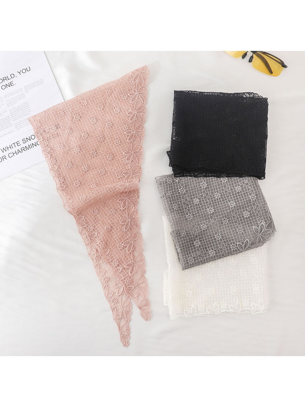 Scarvii - Sheer Grid Floral Lace Triangle Bandana