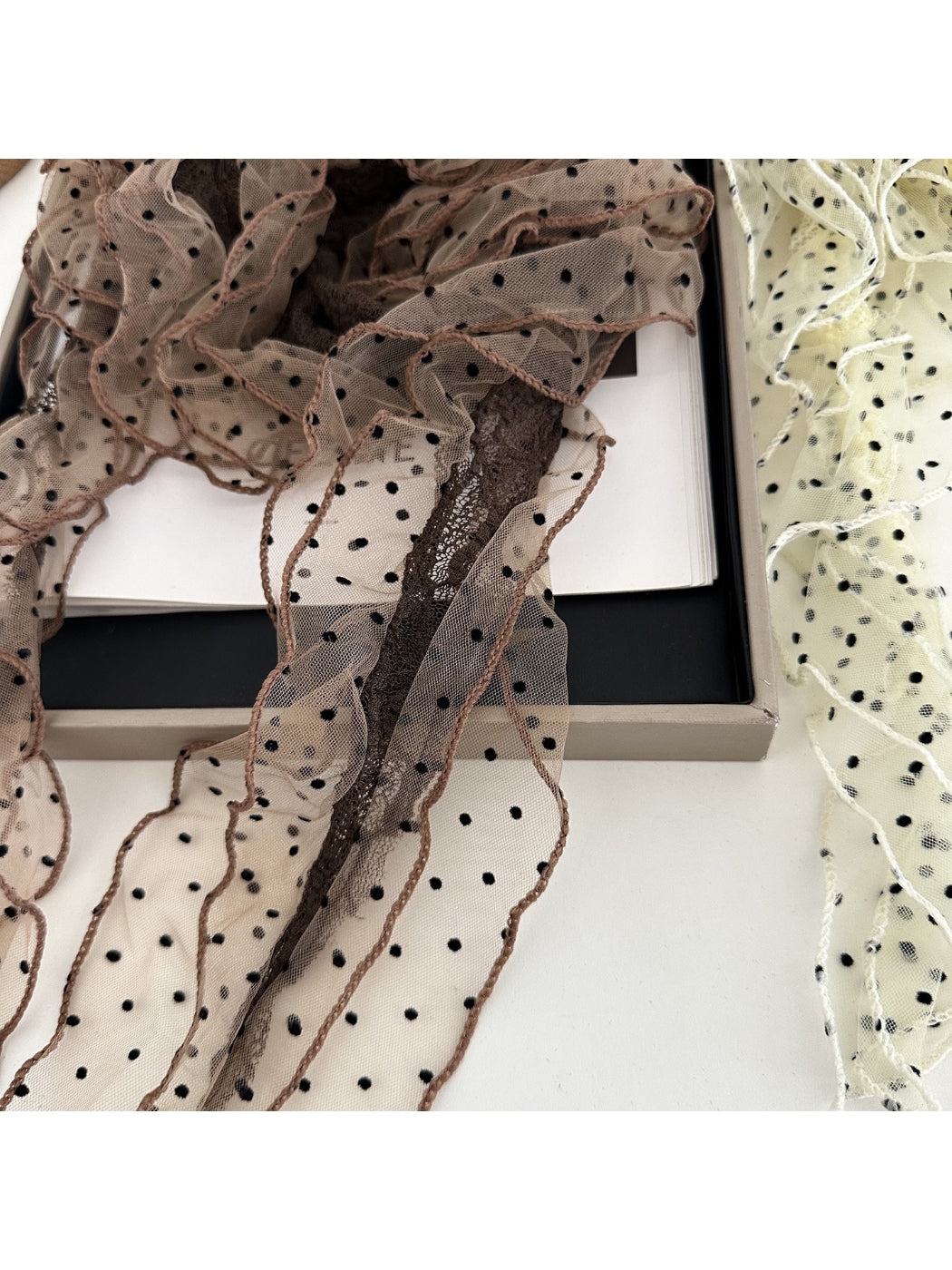 Scarvii - Sheer Dot Ruffle Long Scarf