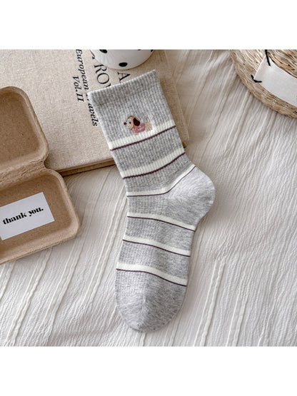 Rufia - Cute Dog Pattern Striped Crew Socks
