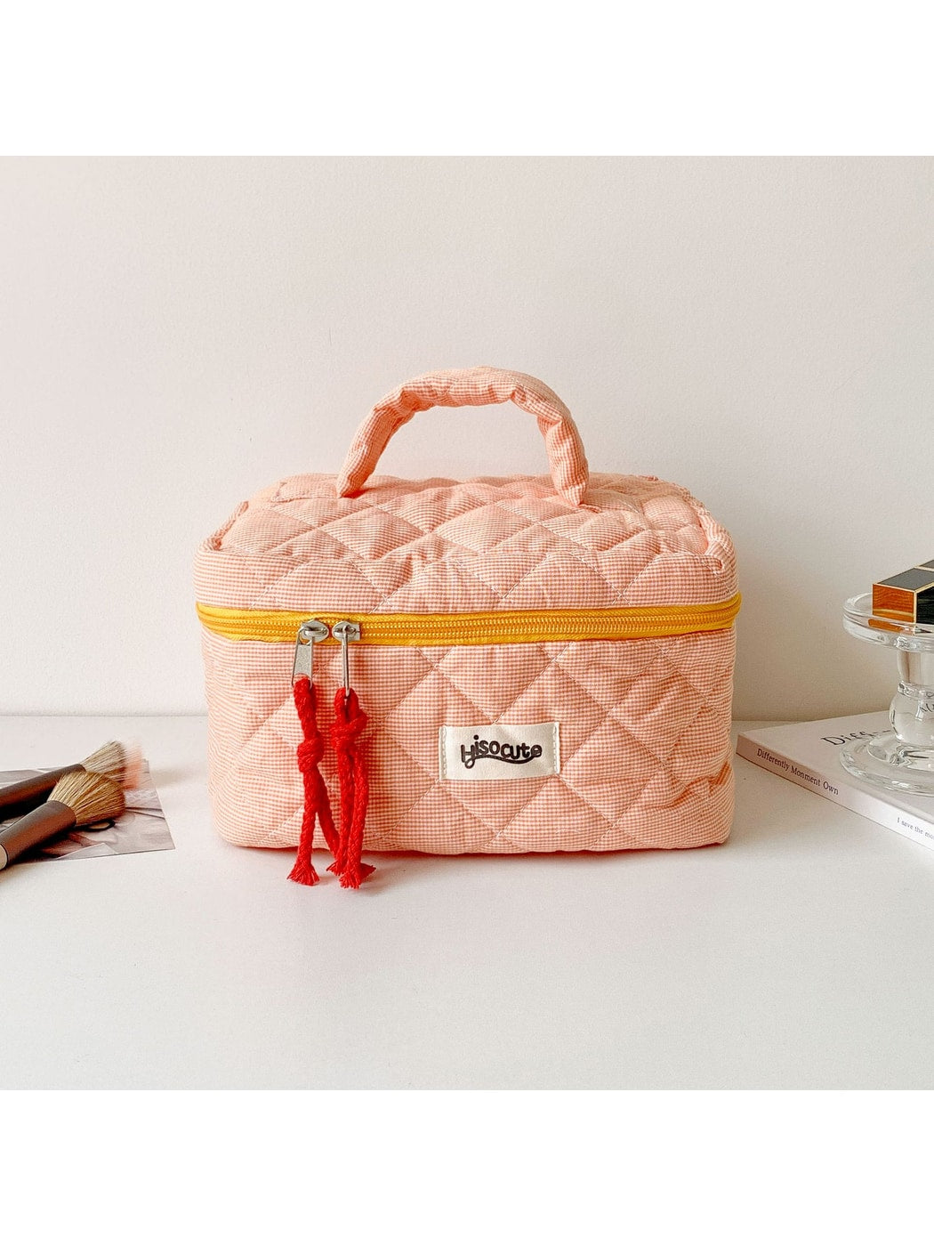 Cosbai - Checkered Zipper Makeup Organizer Bag