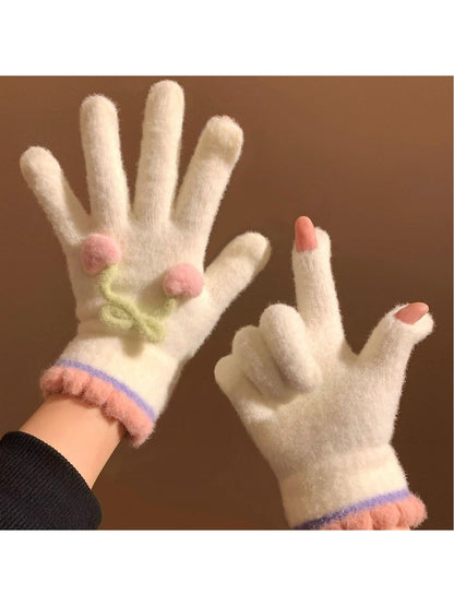 Gloving - Cherry Detail Five-Finger Winter Gloves