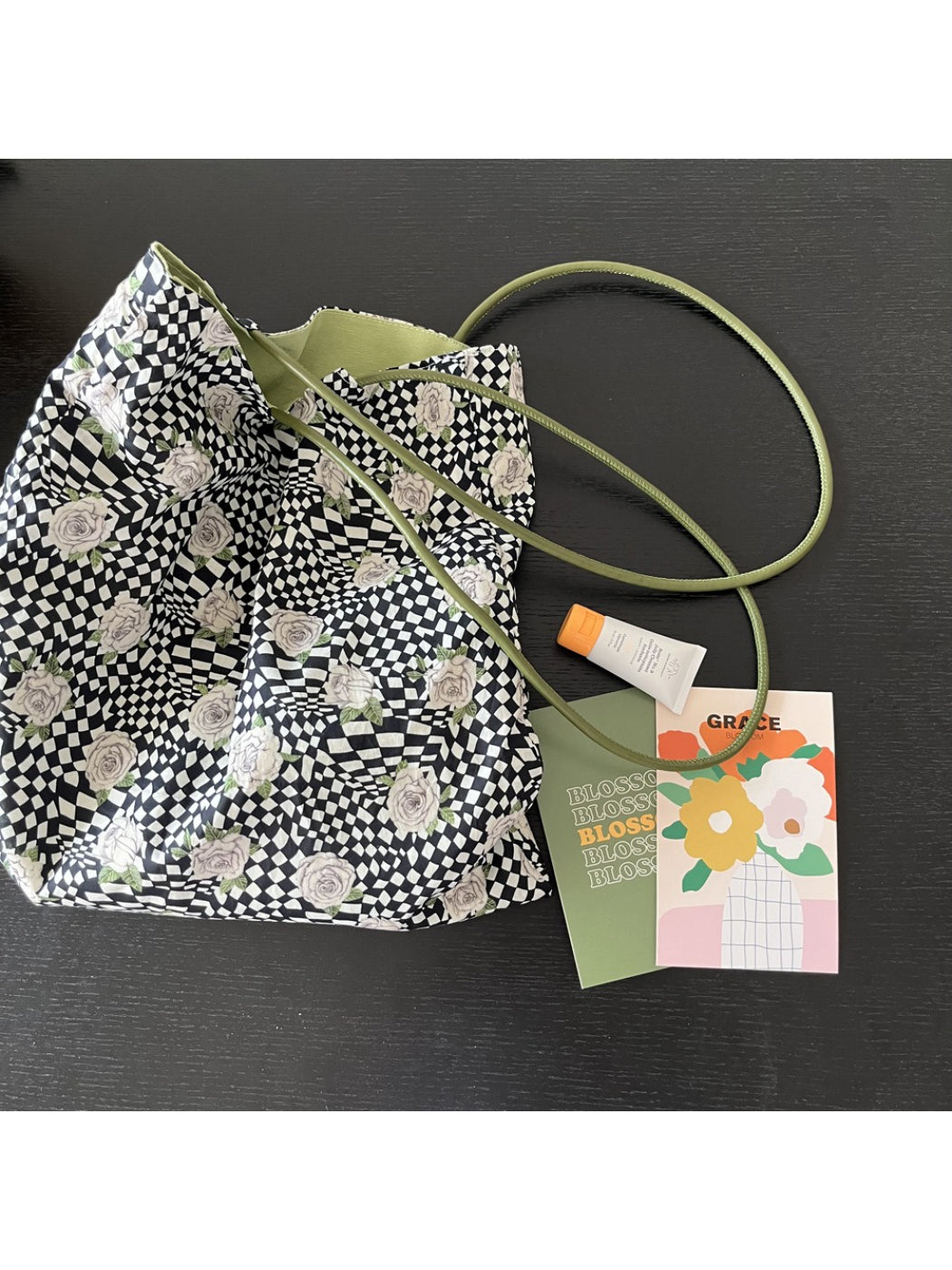 Cosbai Checker Rose Drawstring Bag open showing spacious interior and drawstring closure