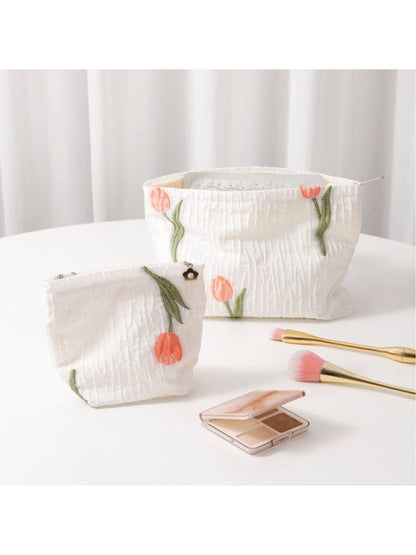 Cosbai - Tulip Embroidered Textured Cosmetic Bag