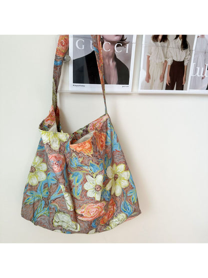 Cosbai - Painterly Floral Pattern Soft Shoulder Tote Bag