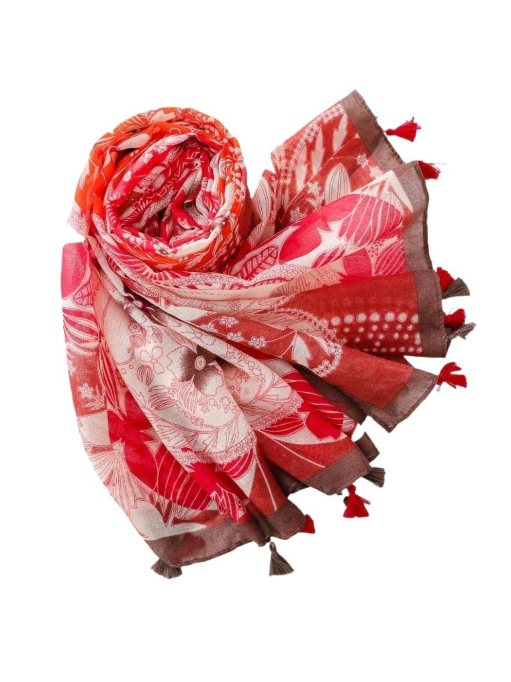 Scarvii warm floral border scarf draped over shoulder highlighting fabric texture and design