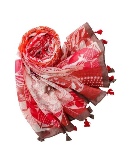 Scarvii warm floral border scarf draped over shoulder highlighting fabric texture and design