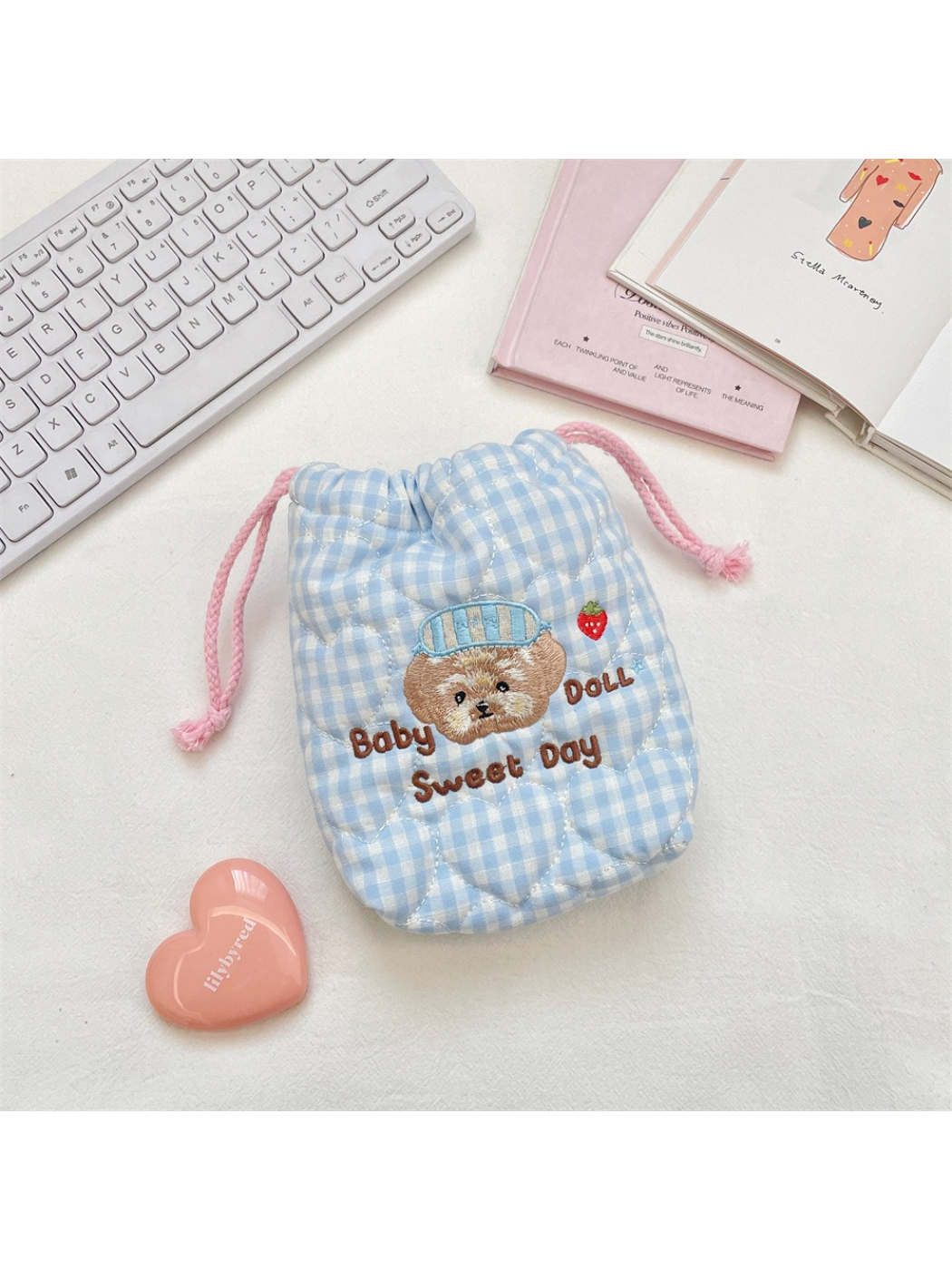 Cosbai - Gingham Bear Drawstring Pouch