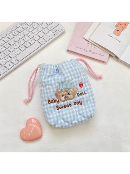 Cosbai - Gingham Bear Drawstring Pouch