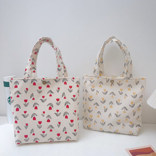 Cosbai - Corduroy Tulip Print Small Tote Bag