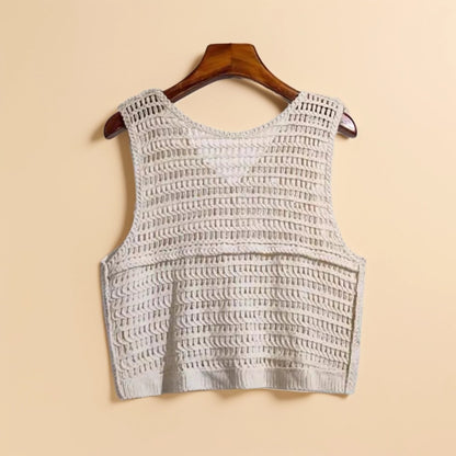 Crosa Crochet Knit Vest Boho Chic Open Front Cardigan showing knit texture