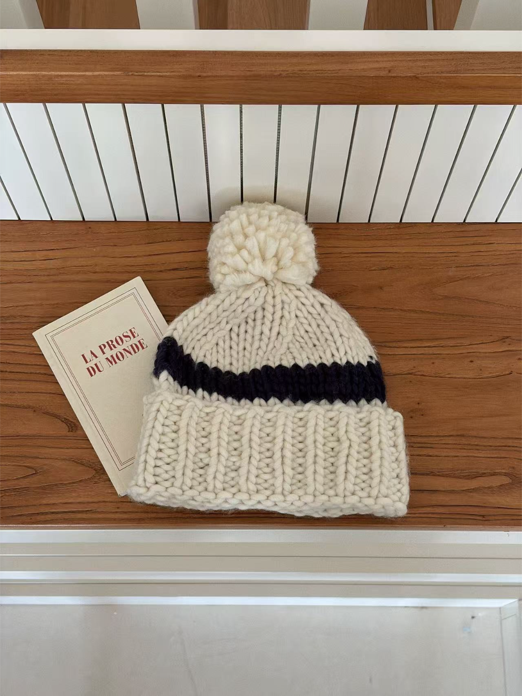Haila - Contrast Stripe Chunky Knit Pom Pom Beanie