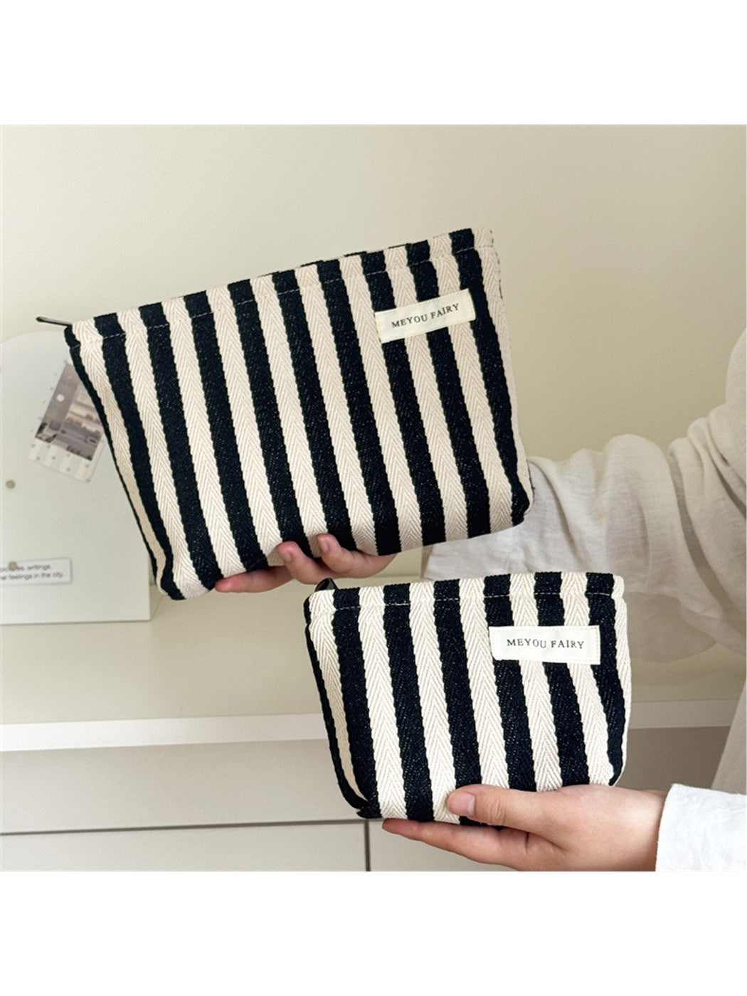 Cosbai - Striped Rectangular Zipper Makeup Bag