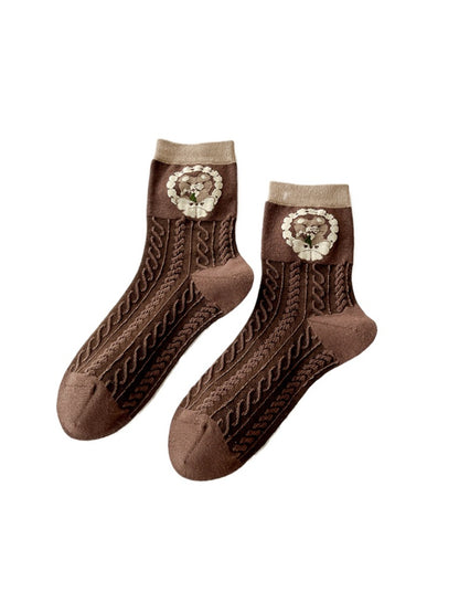 Rufia - Cartoon Bear Plaid Mid-Calf Socks