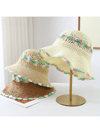 Haila - Floral Trim Wide Brim Summer Sun Hat