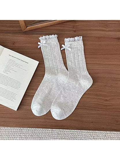 Rufia - Bow Detail Lace Cuffs Crew Socks