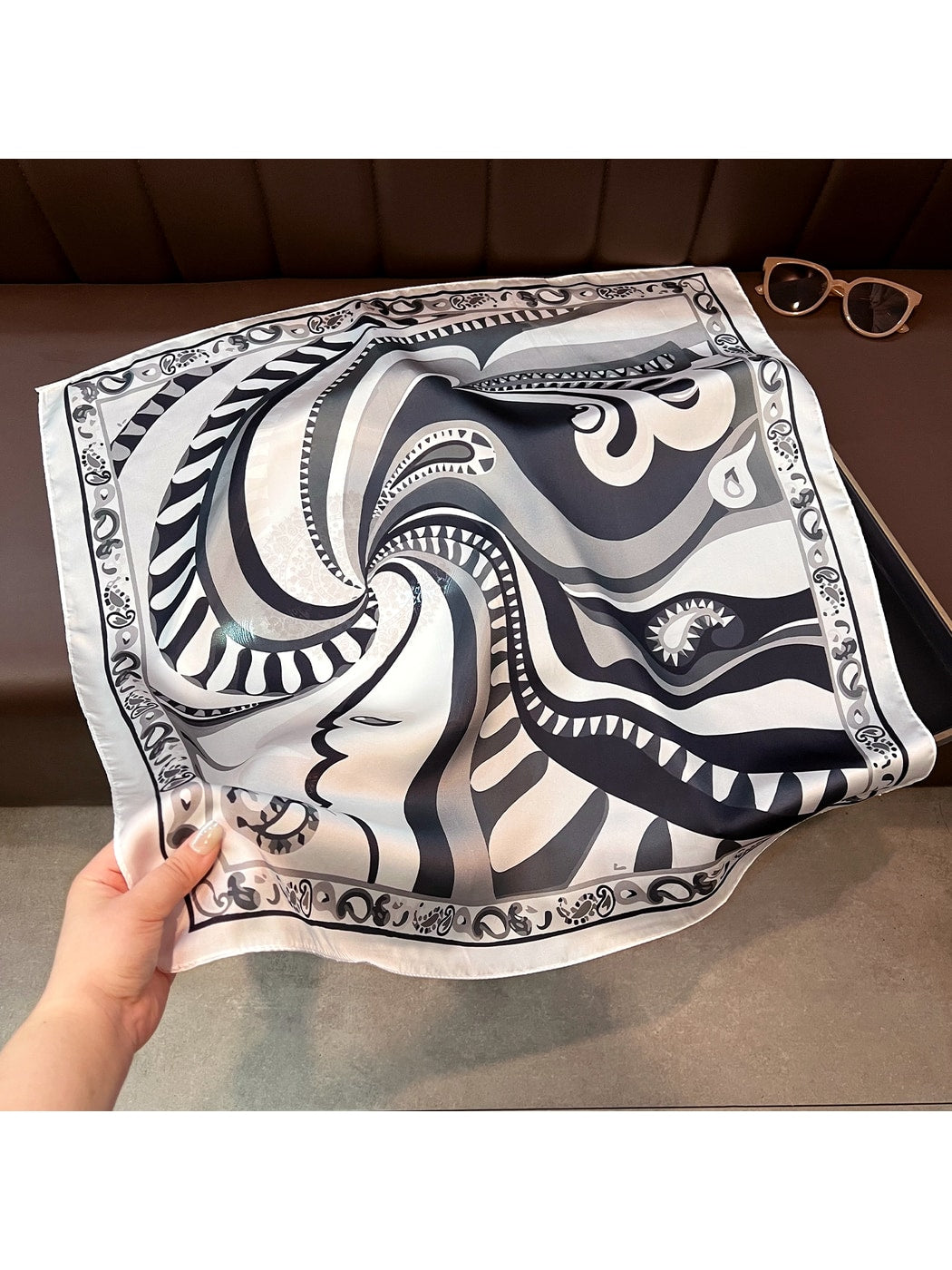 Scarvii - Ornate Border Print Neck Styling Square Scarf