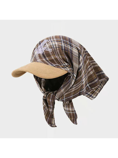 Haila - Plaid Embroidered Tie Back Headscarf Cap