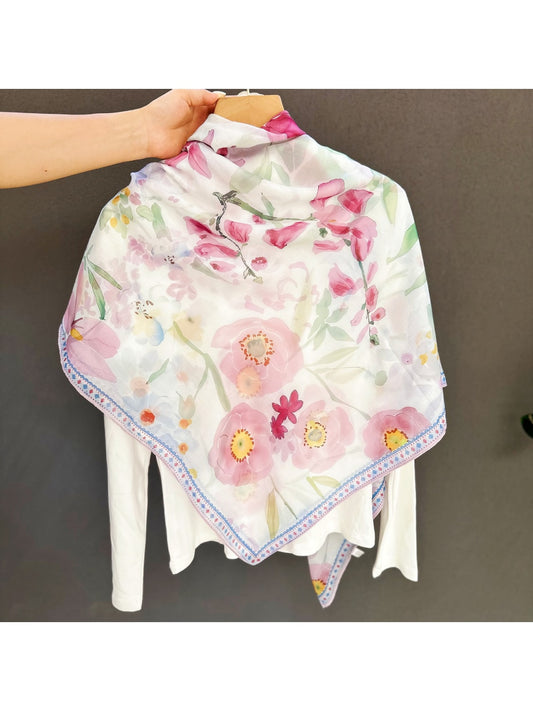 Scarvii - Soft Watercolor Floral Printed Square Scarf