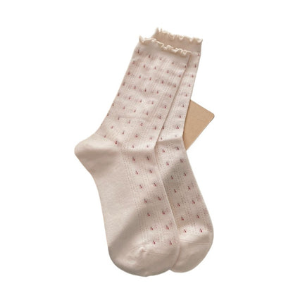 Rufia - Floral Lace-Trim Mid-Calf Socks - 4 Pretty Colors
