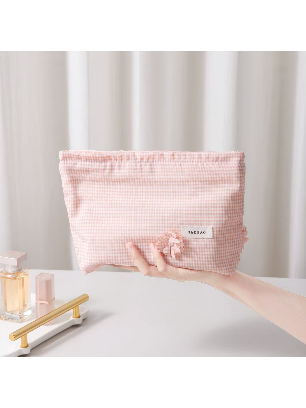 Cosbai - Floral Plaid Handheld Cosmetic Pouch Bag