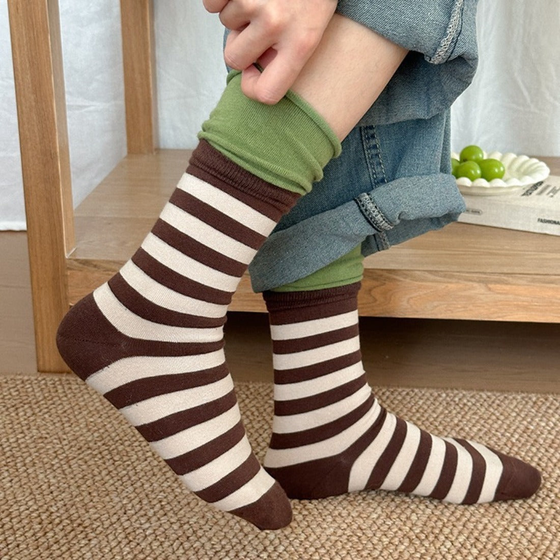 Rufia - Striped Contrast Mid-Calf Socks