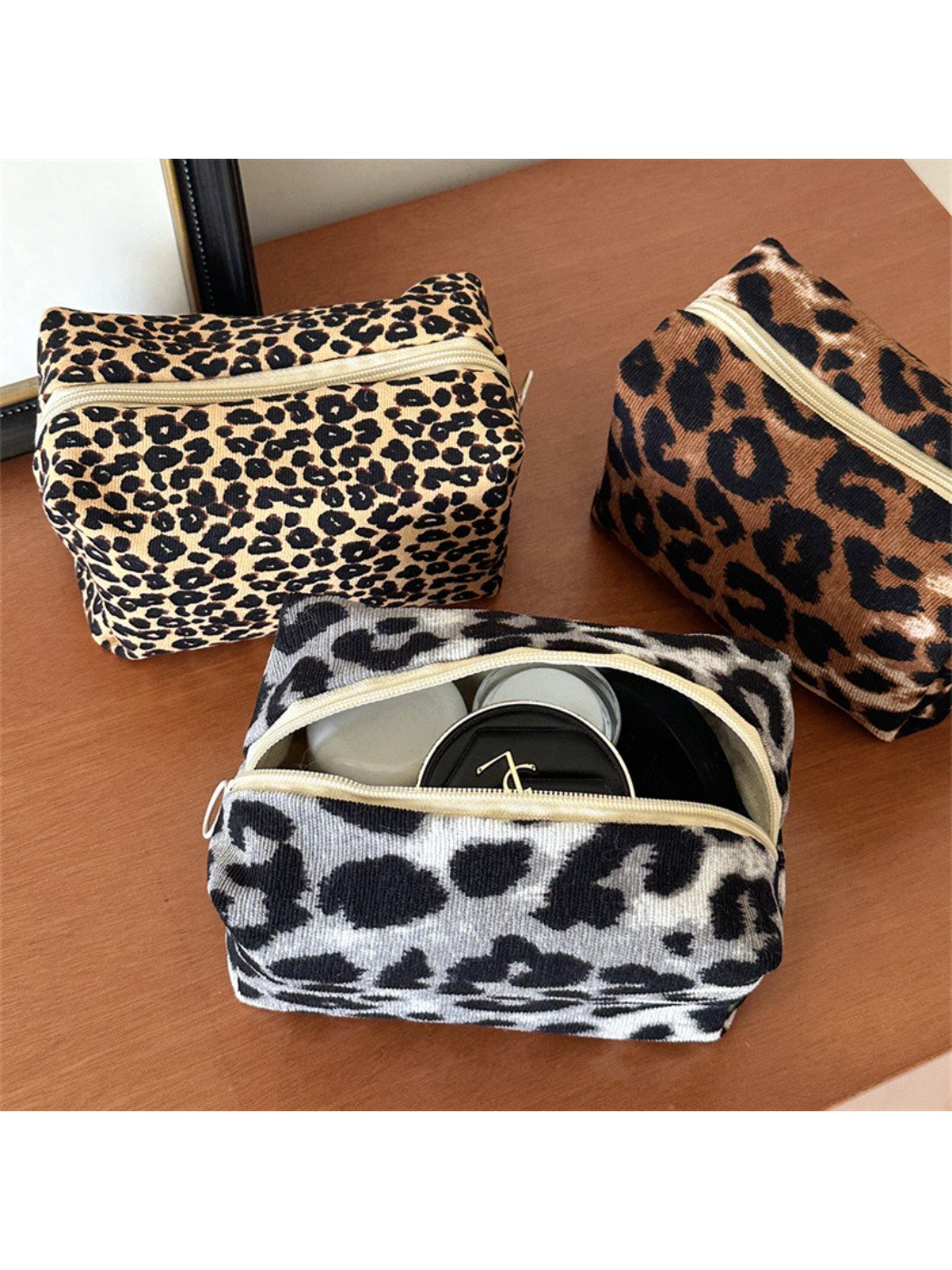 Cosbai chic leopard print travel makeup bag on white background