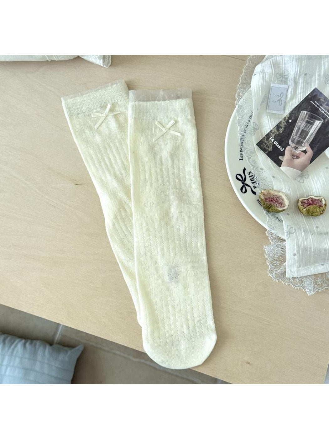 Rufia - Muted Bow Solid Color Crew Socks